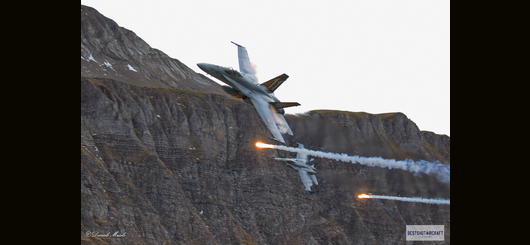 Swiss Air Force F/A-18 Hornets shooting flare in Axalp 2019 Swiss Air Force F/A-18 Hornets shooting flare in Axalp 2019